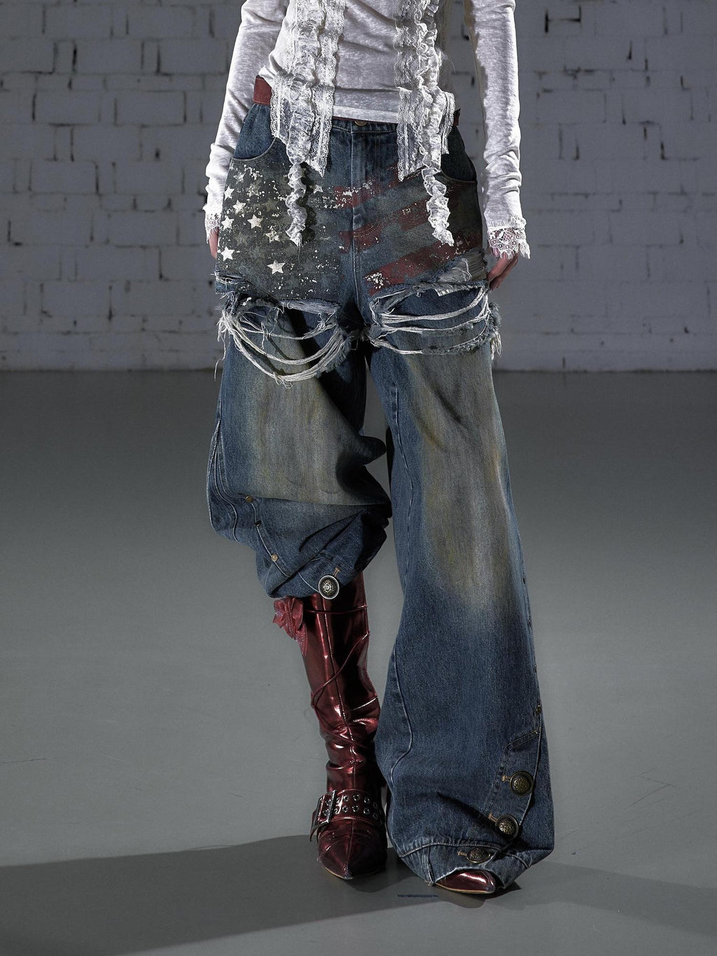 NO ROMANCE Distressed High Waist Relaxed Printed Vintage Blue Cotton Blend Wide-Leg Jeans