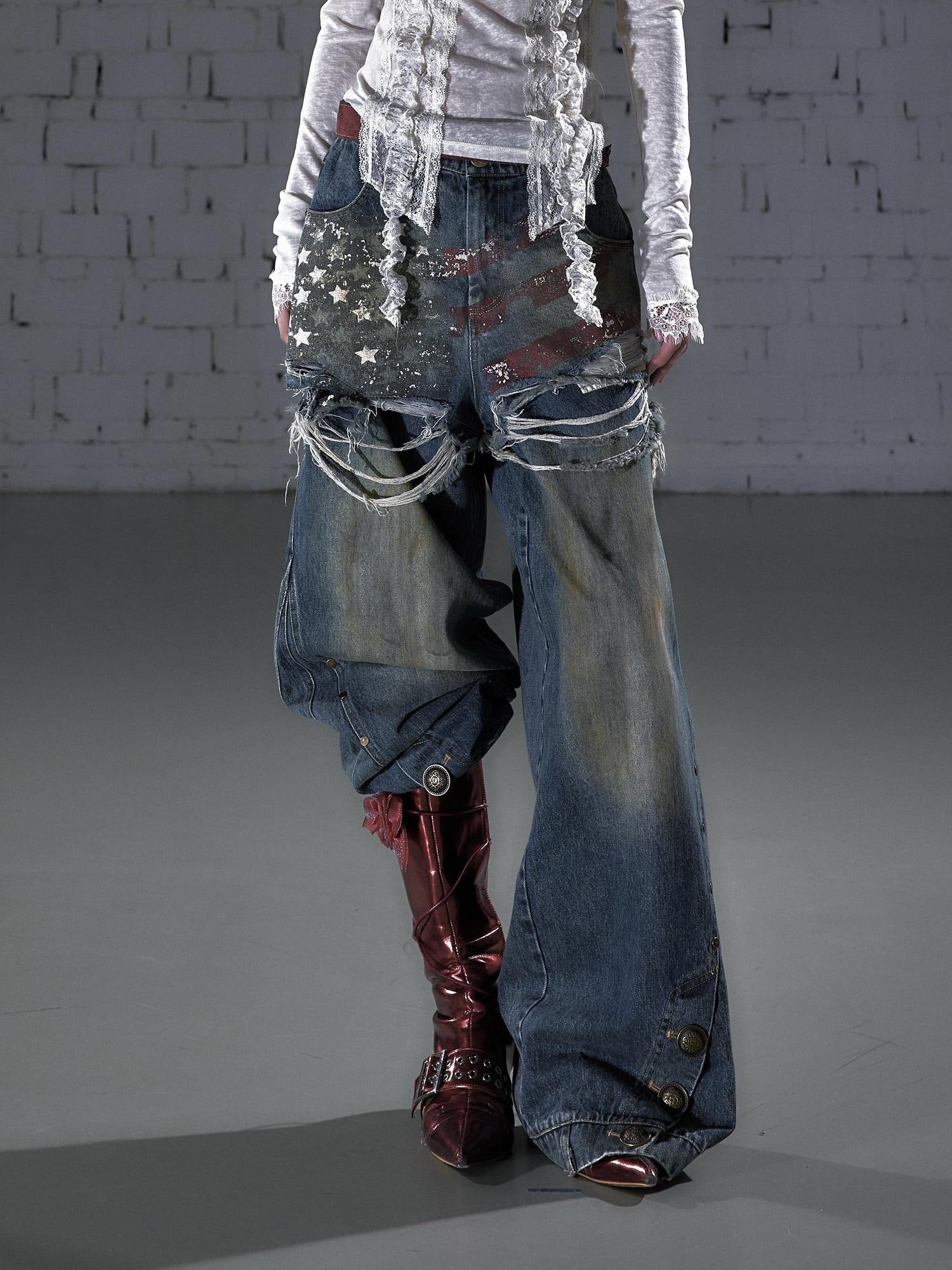 NO ROMANCE Distressed High Waist Relaxed Printed Vintage Blue Cotton Blend Wide-Leg Jeans