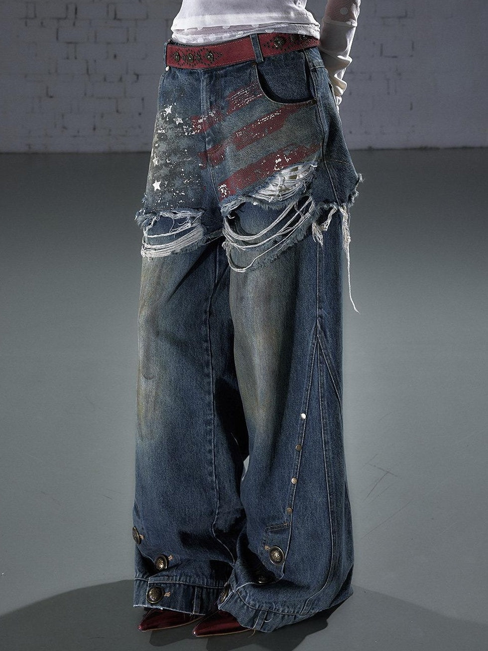 NO ROMANCE Distressed High Waist Relaxed Printed Vintage Blue Cotton Blend Wide-Leg Jeans