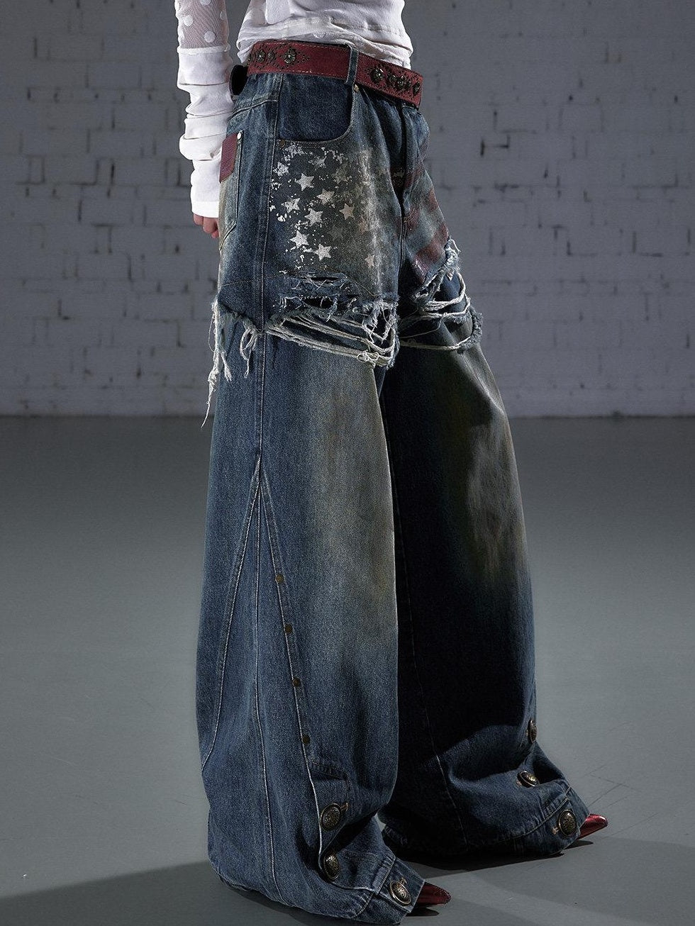 NO ROMANCE Distressed High Waist Relaxed Printed Vintage Blue Cotton Blend Wide-Leg Jeans