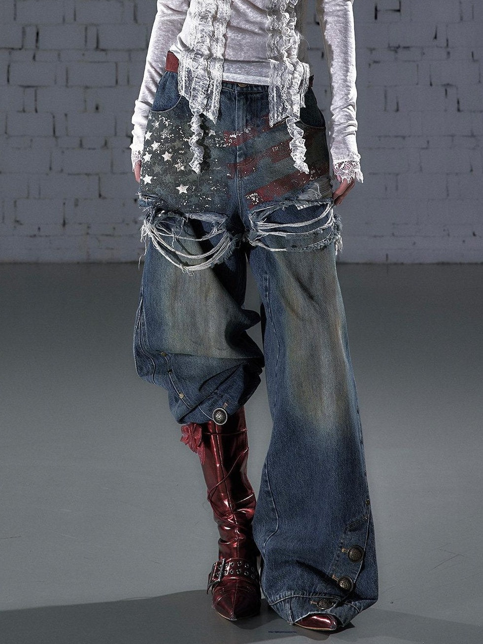 NO ROMANCE Distressed High Waist Relaxed Printed Vintage Blue Cotton Blend Wide-Leg Jeans