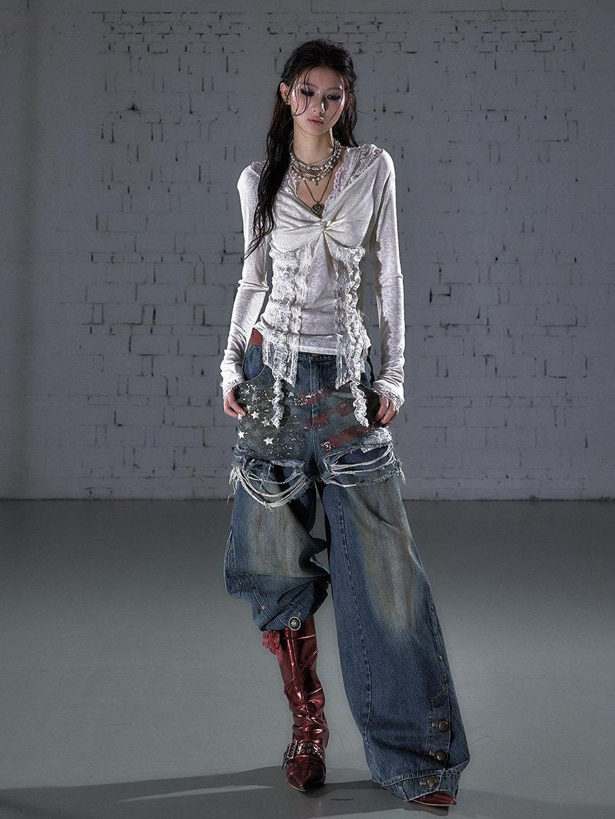 NO ROMANCE Distressed High Waist Relaxed Printed Vintage Blue Cotton Blend Wide-Leg Jeans