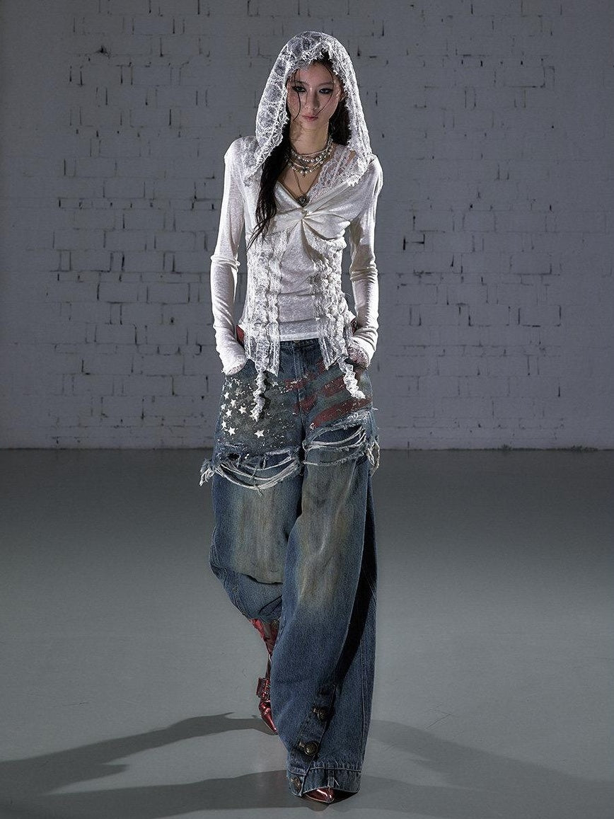 NO ROMANCE Distressed High Waist Relaxed Printed Vintage Blue Cotton Blend Wide-Leg Jeans