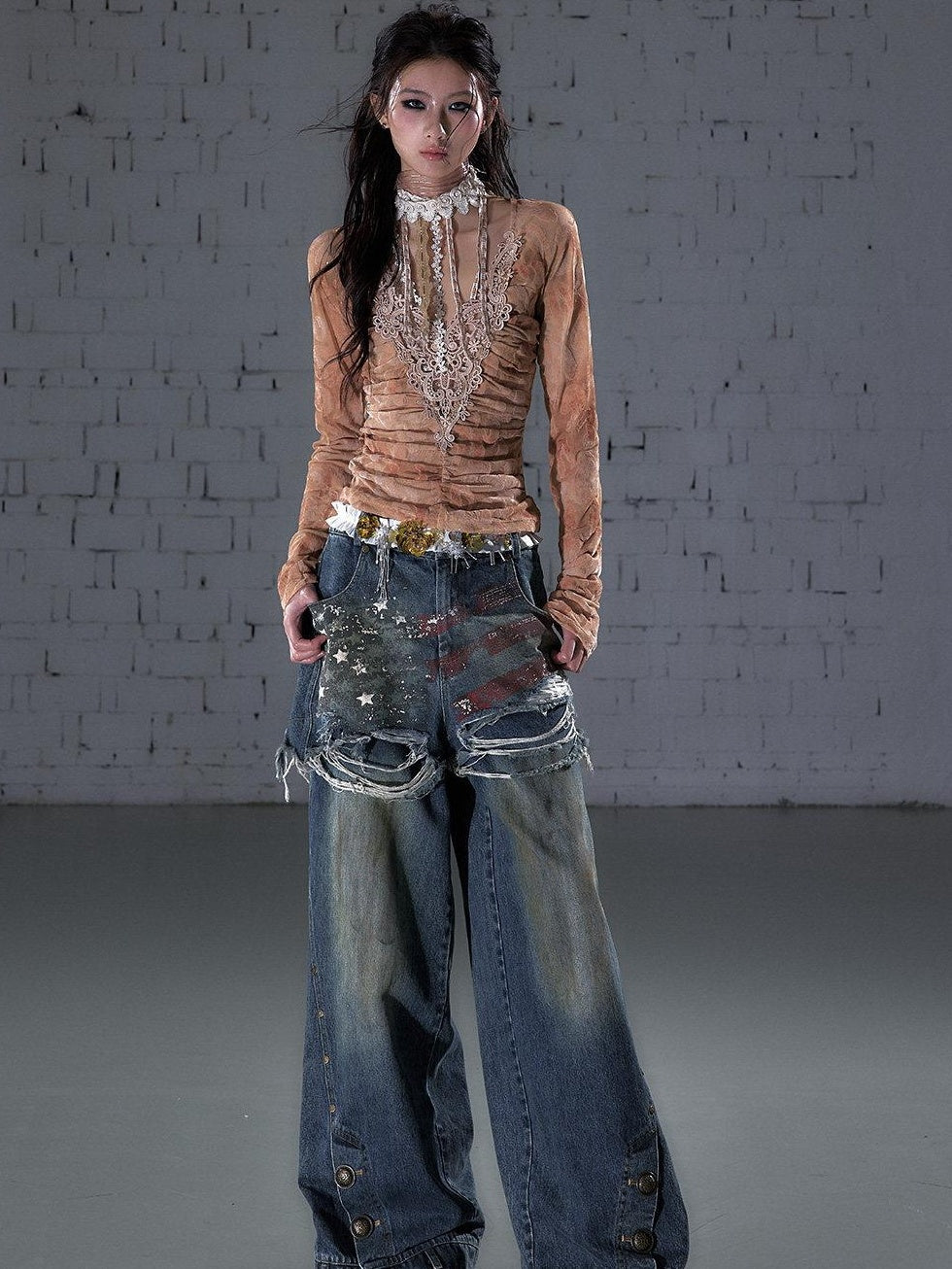 NO ROMANCE Distressed High Waist Relaxed Printed Vintage Blue Cotton Blend Wide-Leg Jeans