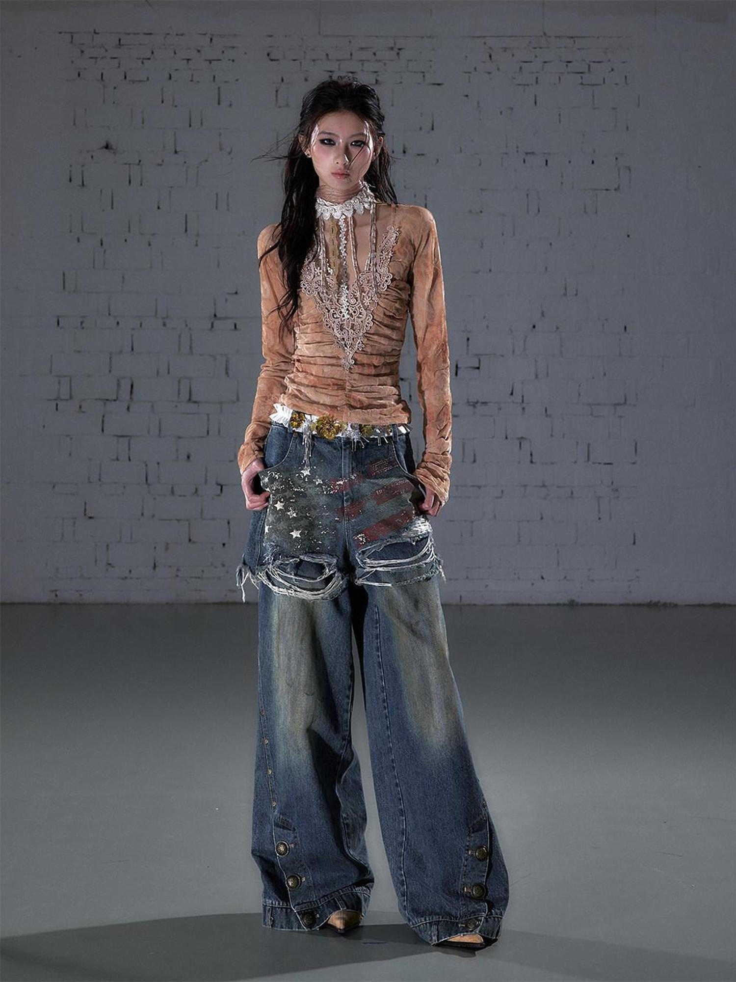 NO ROMANCE Distressed High Waist Relaxed Printed Vintage Blue Cotton Blend Wide-Leg Jeans