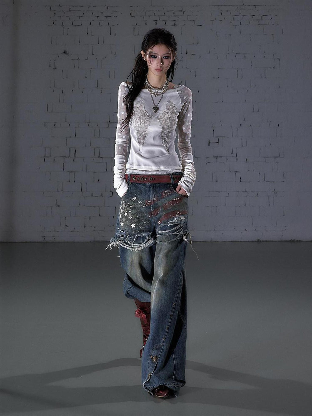 NO ROMANCE Distressed High Waist Relaxed Printed Vintage Blue Cotton Blend Wide-Leg Jeans