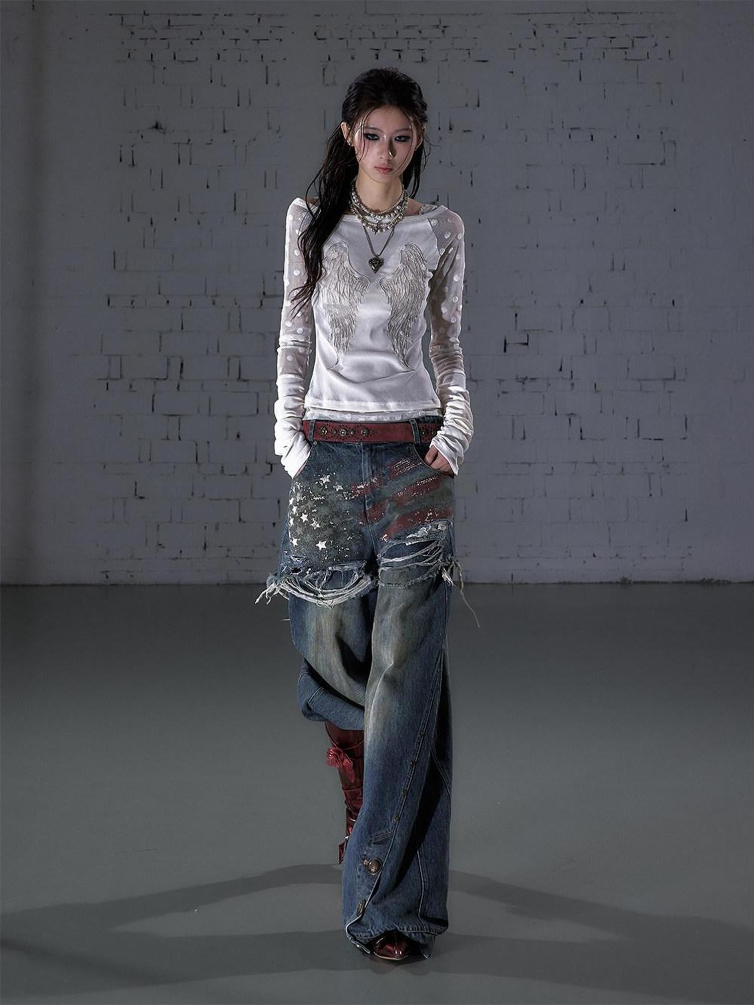 NO ROMANCE Distressed High Waist Relaxed Printed Vintage Blue Cotton Blend Wide-Leg Jeans