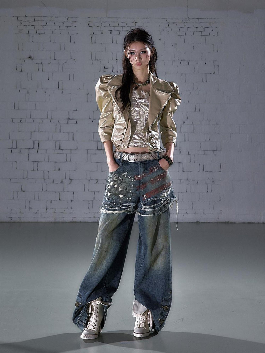 NO ROMANCE Distressed High Waist Relaxed Printed Vintage Blue Cotton Blend Wide-Leg Jeans