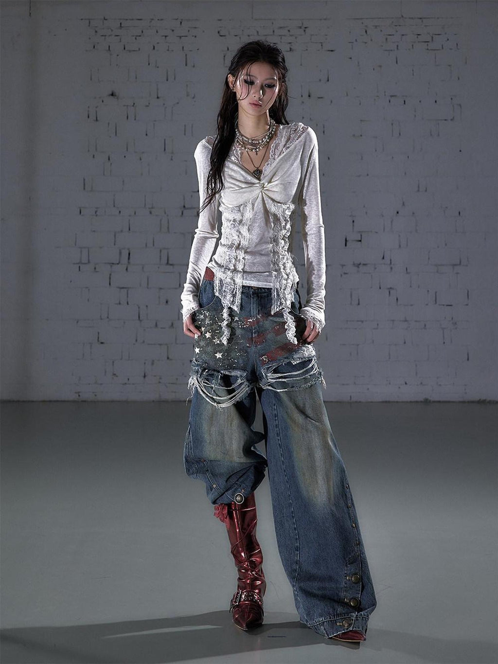 NO ROMANCE Distressed High Waist Relaxed Printed Vintage Blue Cotton Blend Wide-Leg Jeans