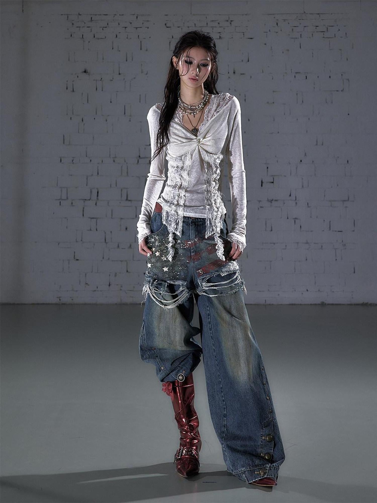 NO ROMANCE Distressed High Waist Relaxed Printed Vintage Blue Cotton Blend Wide-Leg Jeans