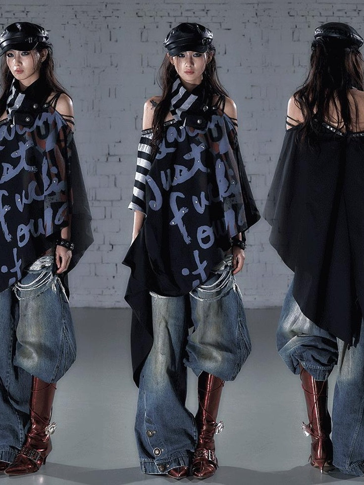 NO ROMANCE Distressed High Waist Relaxed Printed Vintage Blue Cotton Blend Wide-Leg Jeans