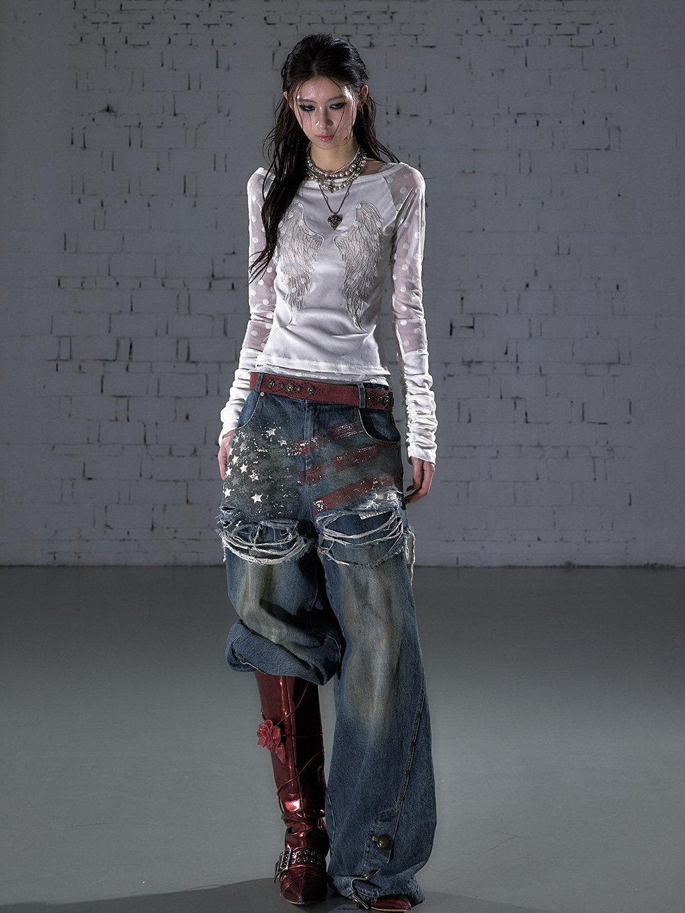 NO ROMANCE Distressed High Waist Relaxed Printed Vintage Blue Cotton Blend Wide-Leg Jeans