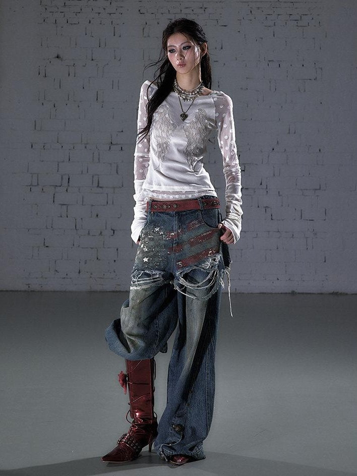NO ROMANCE Distressed High Waist Relaxed Printed Vintage Blue Cotton Blend Wide-Leg Jeans
