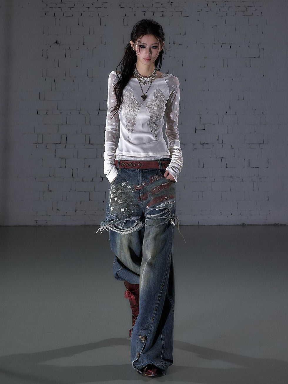 NO ROMANCE Distressed High Waist Relaxed Printed Vintage Blue Cotton Blend Wide-Leg Jeans