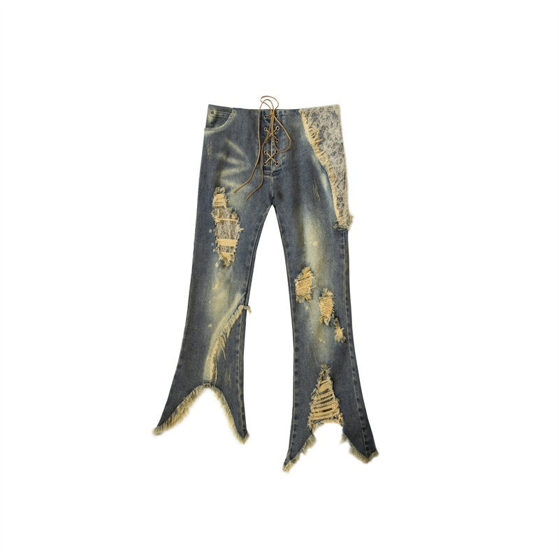 NO_ROMANCE_Distressed_Low_Rise_Cropped_Micro_Flare_Washed_Blue_Stretch_Denim_Flare_Jeans_MISSTT