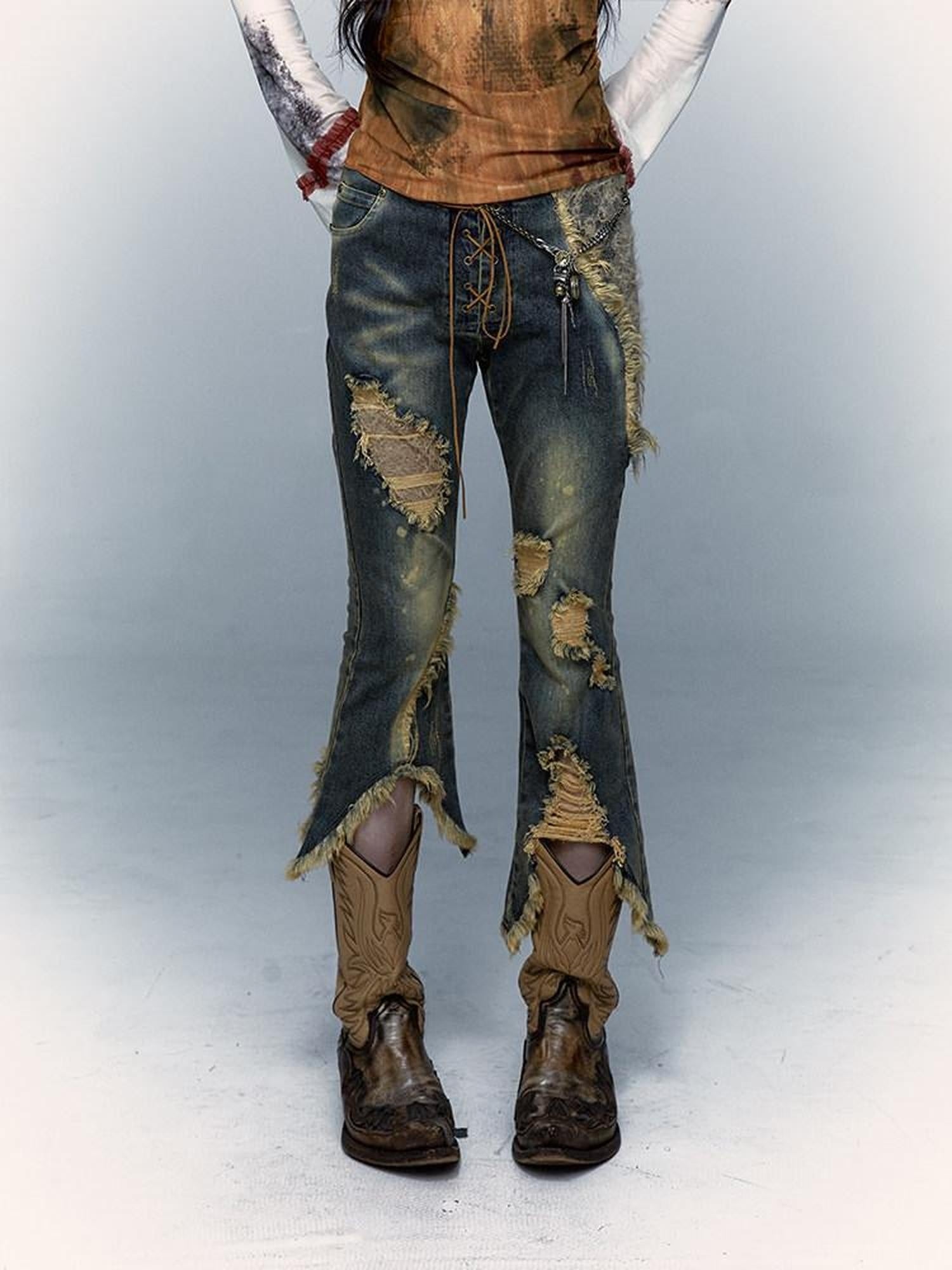 NO ROMANCE Distressed Low Rise Cropped Micro Flare Washed Blue Stretch Denim Flare Jeans