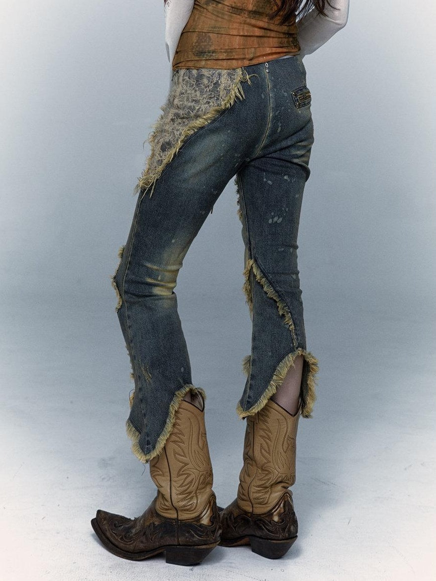 NO ROMANCE Distressed Low Rise Cropped Micro Flare Washed Blue Stretch Denim Flare Jeans