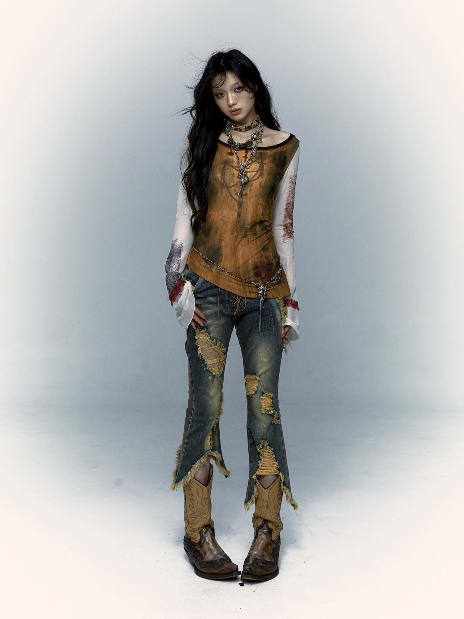 NO ROMANCE Distressed Low Rise Cropped Micro Flare Washed Blue Stretch Denim Flare Jeans