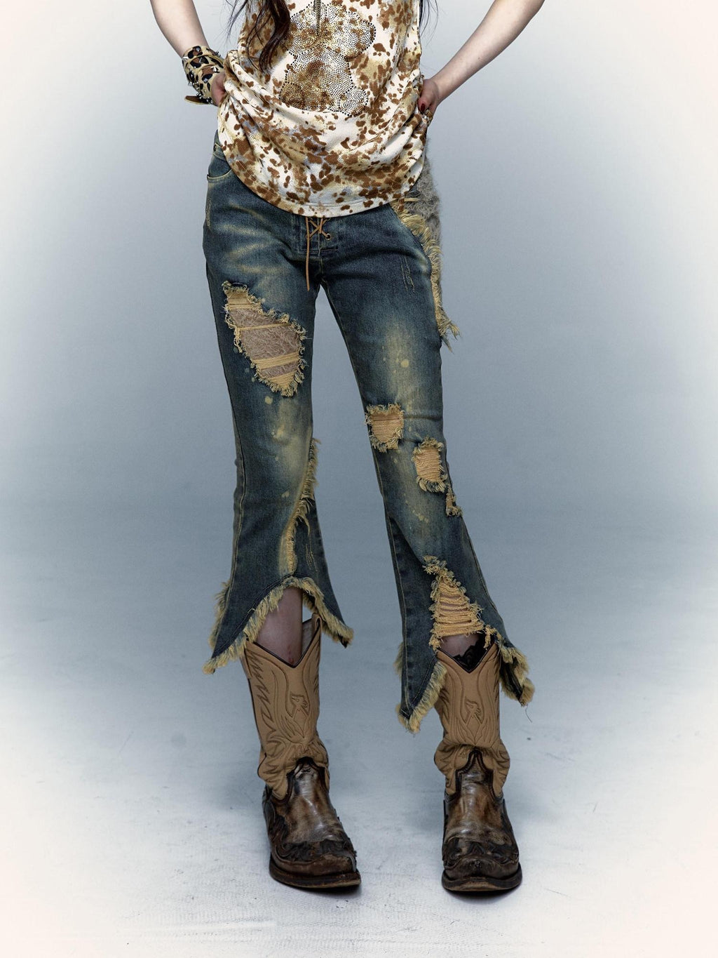 NO ROMANCE Distressed Low Rise Cropped Micro Flare Washed Blue Stretch Denim Flare Jeans