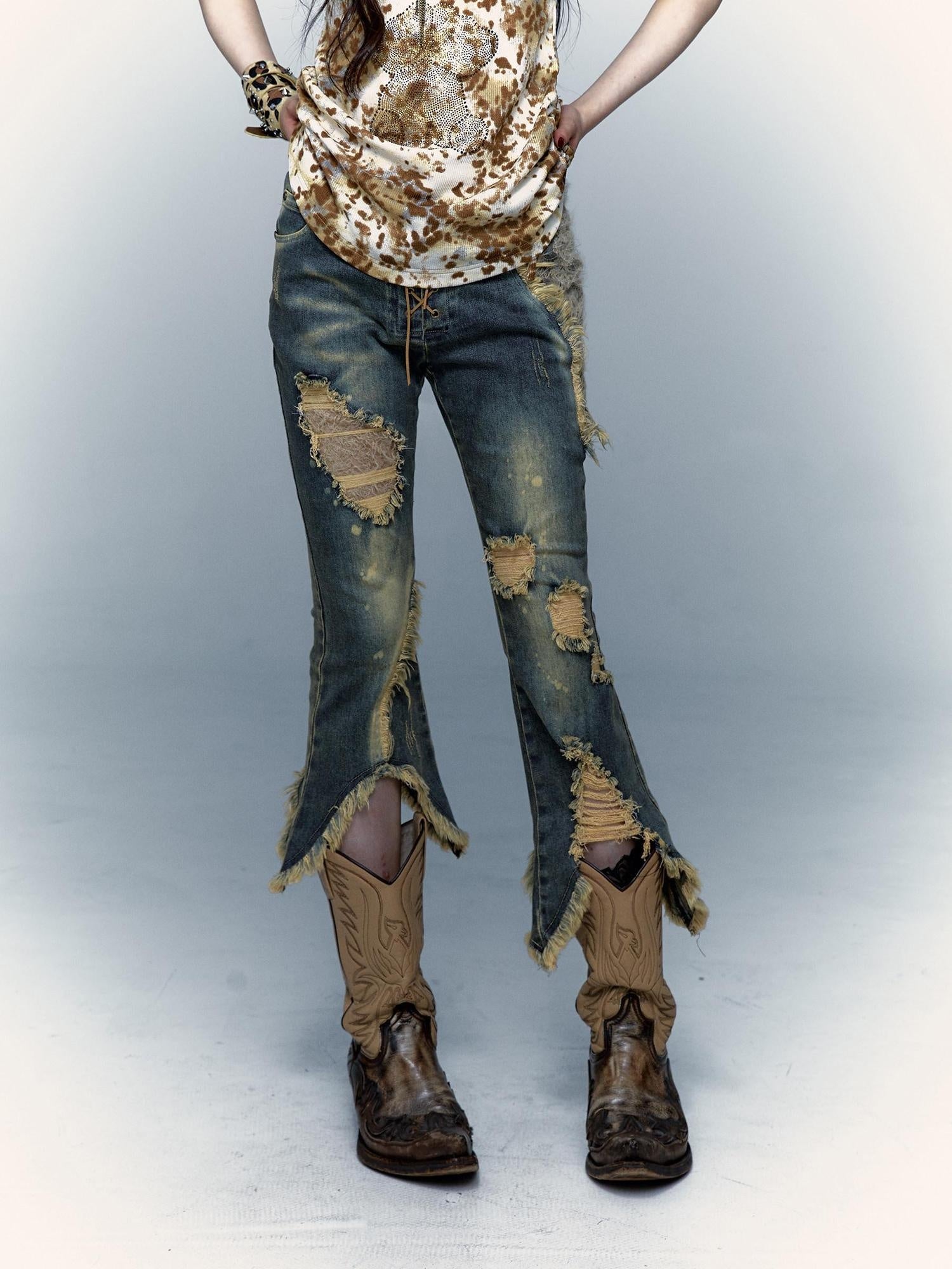NO ROMANCE Distressed Low Rise Cropped Micro Flare Washed Blue Stretch Denim Flare Jeans