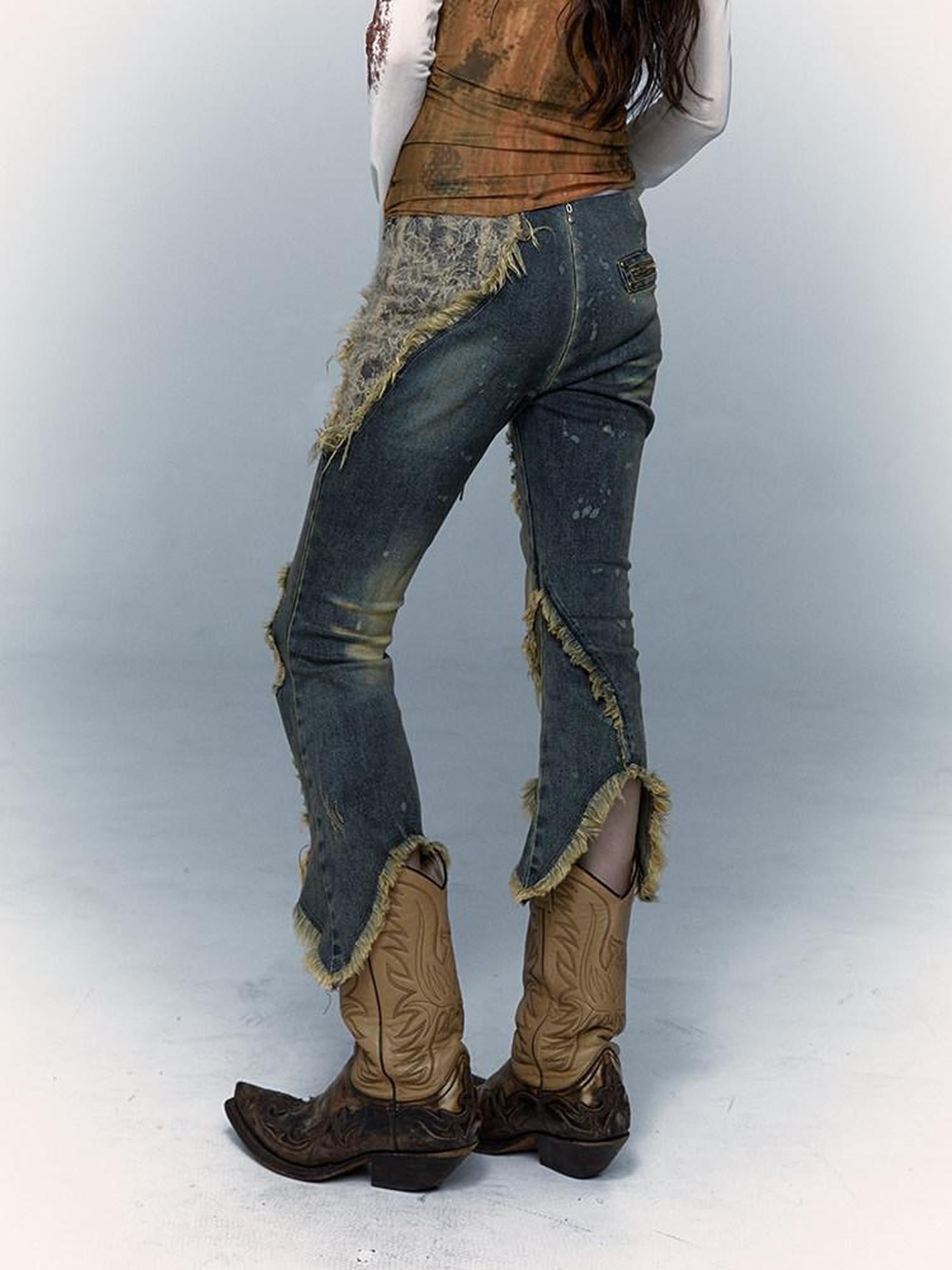 NO ROMANCE Distressed Low Rise Cropped Micro Flare Washed Blue Stretch Denim Flare Jeans
