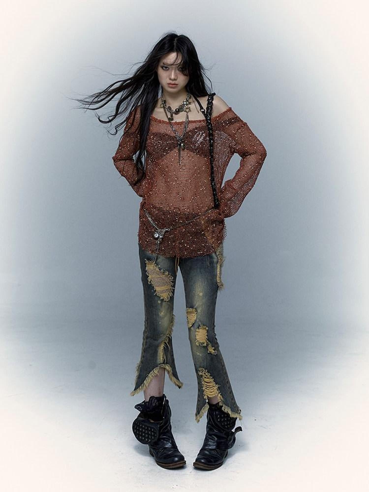 NO ROMANCE Distressed Low Rise Cropped Micro Flare Washed Blue Stretch Denim Flare Jeans