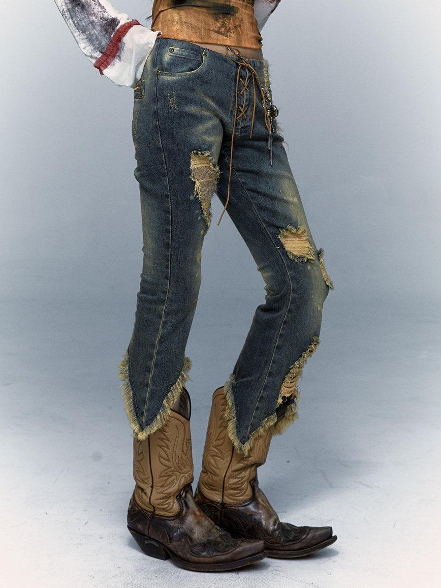 NO ROMANCE Distressed Low Rise Cropped Micro Flare Washed Blue Stretch Denim Flare Jeans