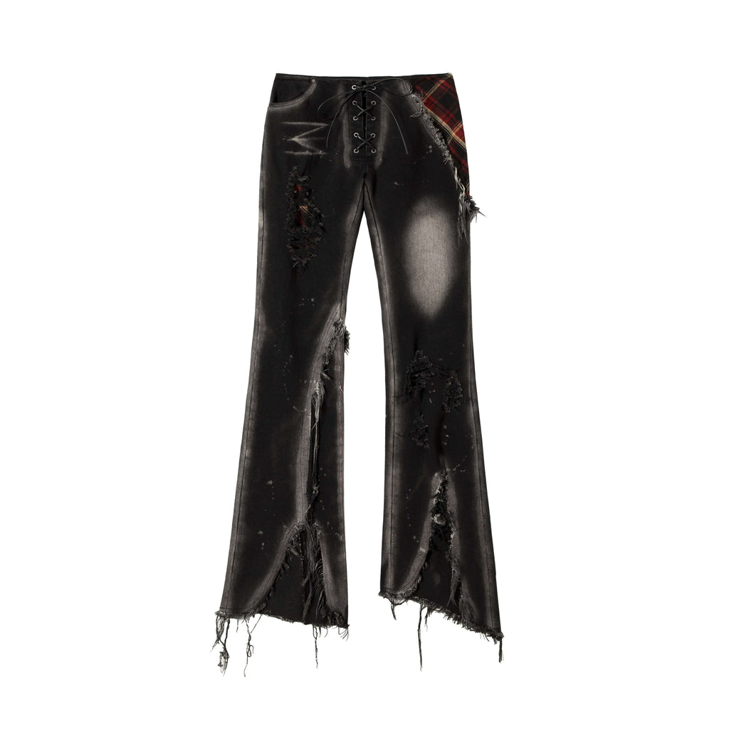NO_ROMANCE_Distressed_Low_Rise_Slim_Fit_Casual_Youth_Black_Plaid_Micro_Stretch_Flare_Jeans_MISSTT