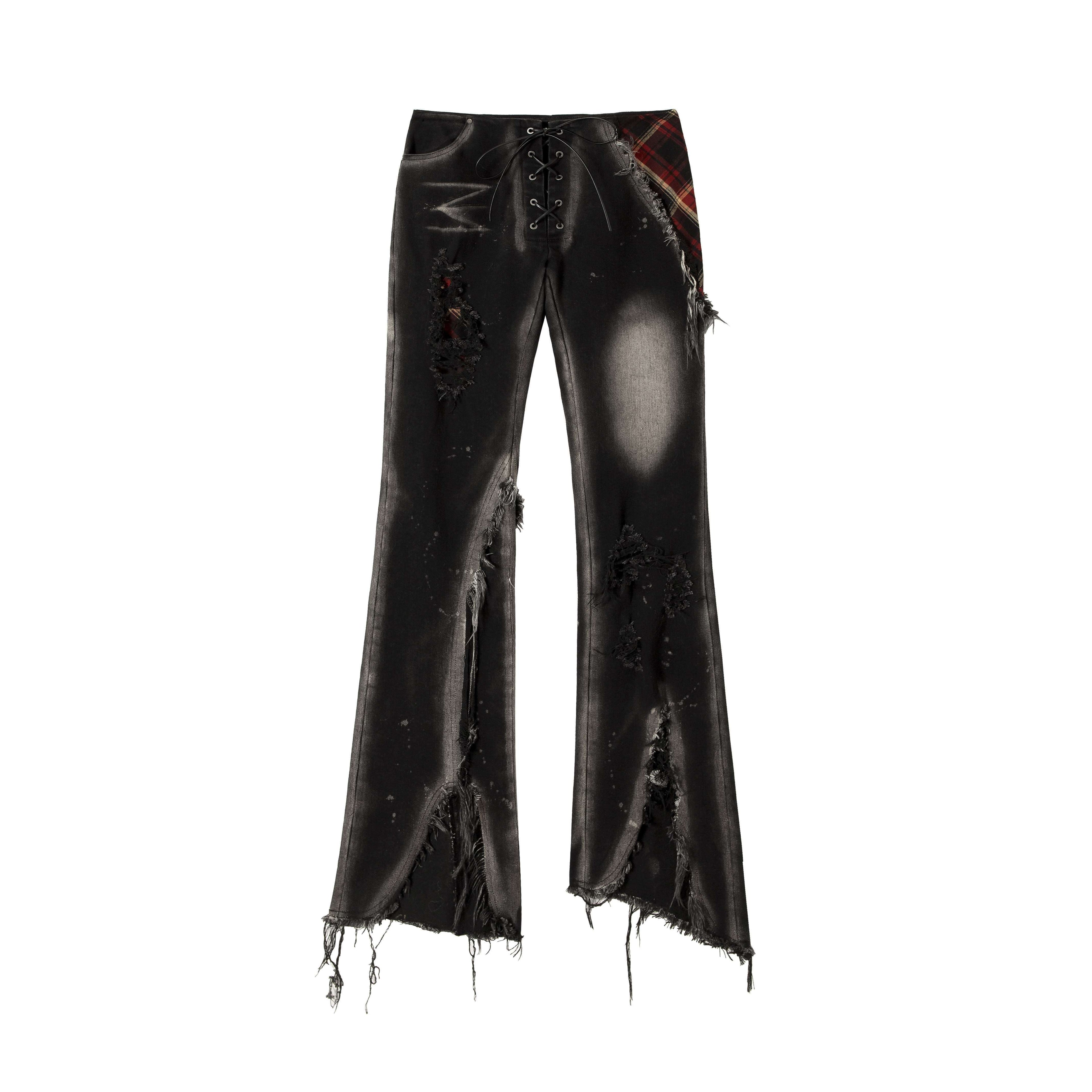 NO_ROMANCE_Distressed_Low_Rise_Slim_Fit_Casual_Youth_Black_Plaid_Micro_Stretch_Flare_Jeans_MISSTT
