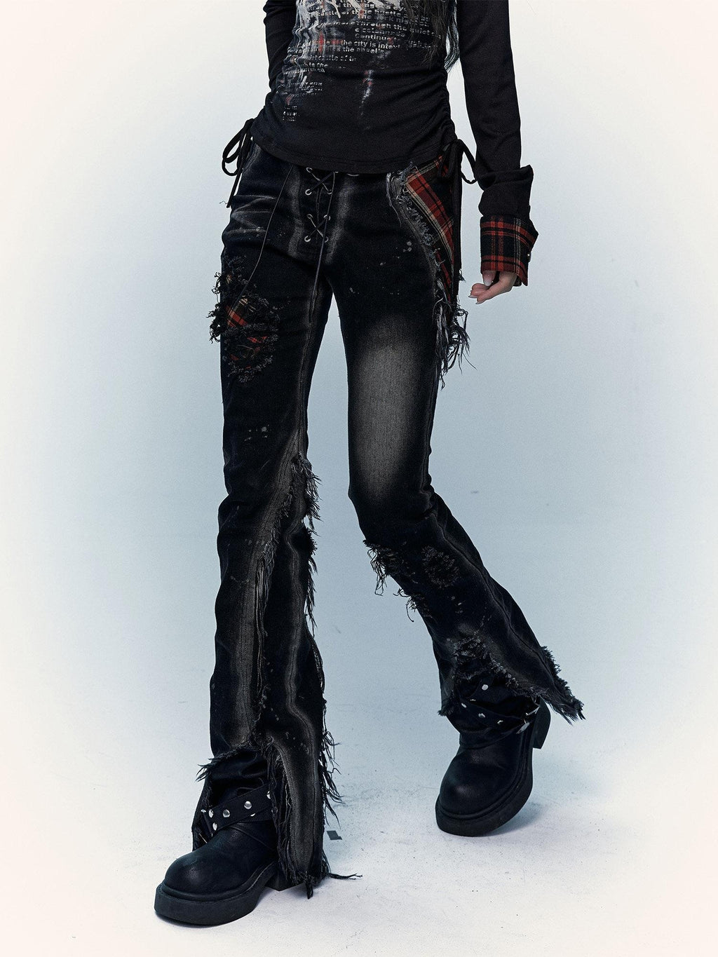NO ROMANCE Distressed Low Rise Slim Fit Casual Youth Black Plaid Micro Stretch Flare Jeans
