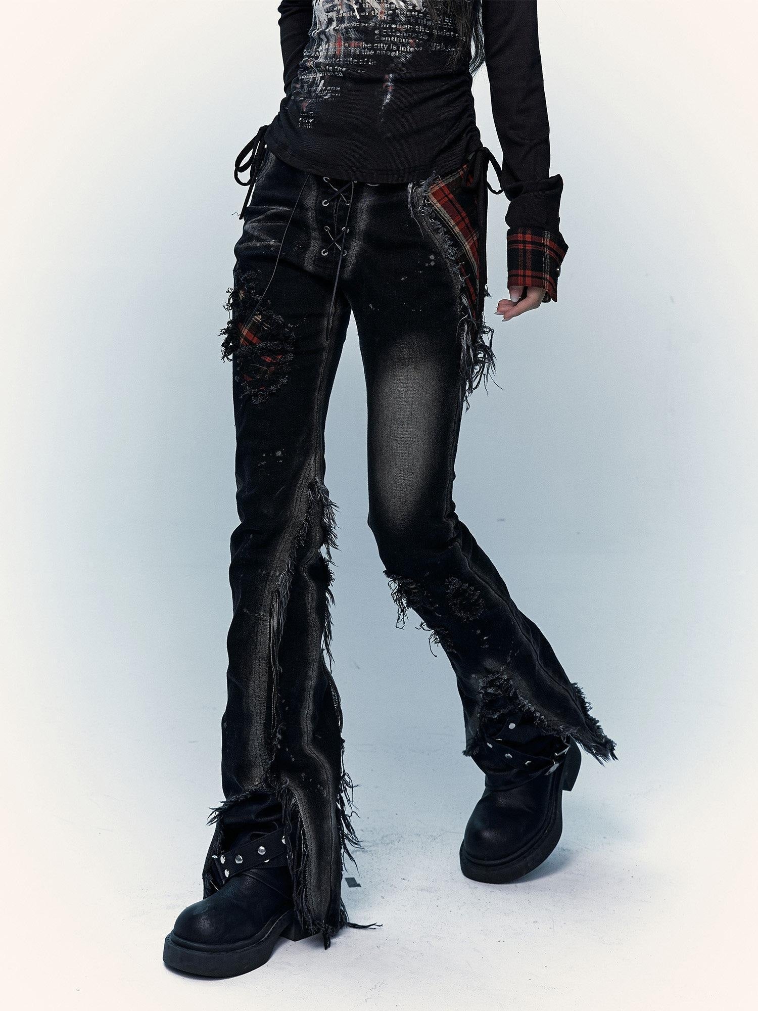 NO ROMANCE Distressed Low Rise Slim Fit Casual Youth Black Plaid Micro Stretch Flare Jeans