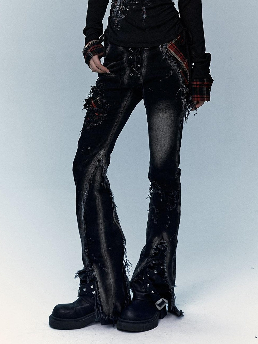 NO ROMANCE Distressed Low Rise Slim Fit Casual Youth Black Plaid Micro Stretch Flare Jeans