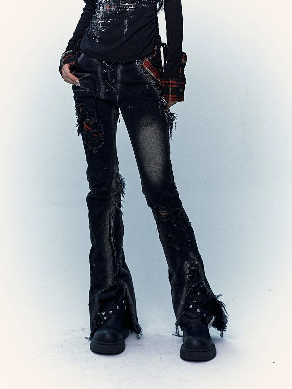 NO ROMANCE Distressed Low Rise Slim Fit Casual Youth Black Plaid Micro Stretch Flare Jeans