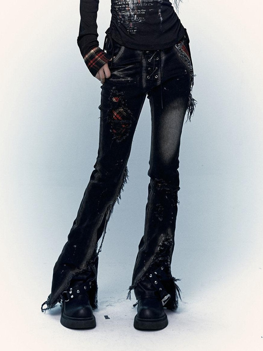 NO ROMANCE Distressed Low Rise Slim Fit Casual Youth Black Plaid Micro Stretch Flare Jeans