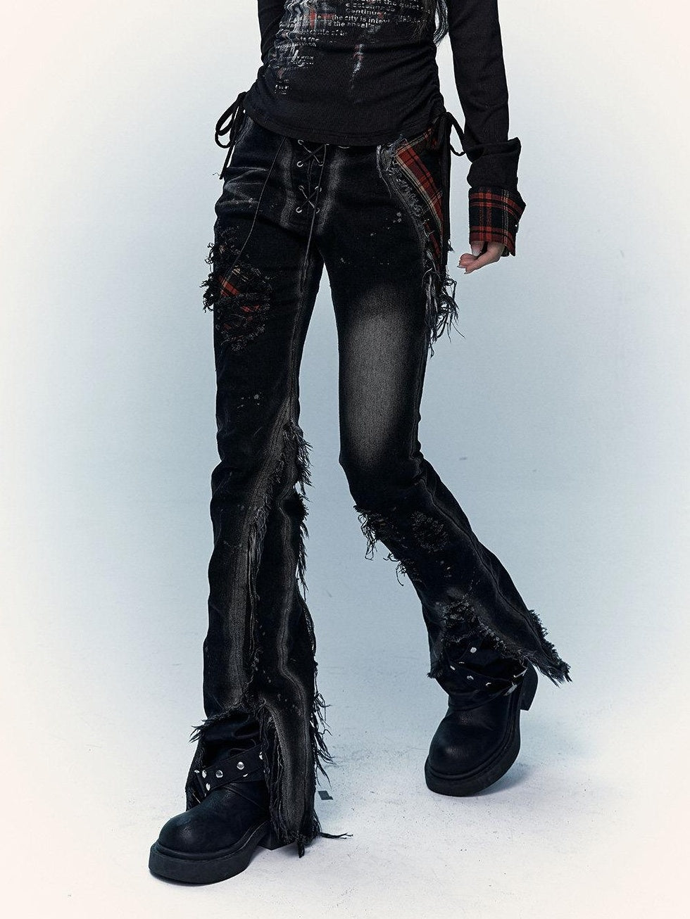 NO ROMANCE Distressed Low Rise Slim Fit Casual Youth Black Plaid Micro Stretch Flare Jeans