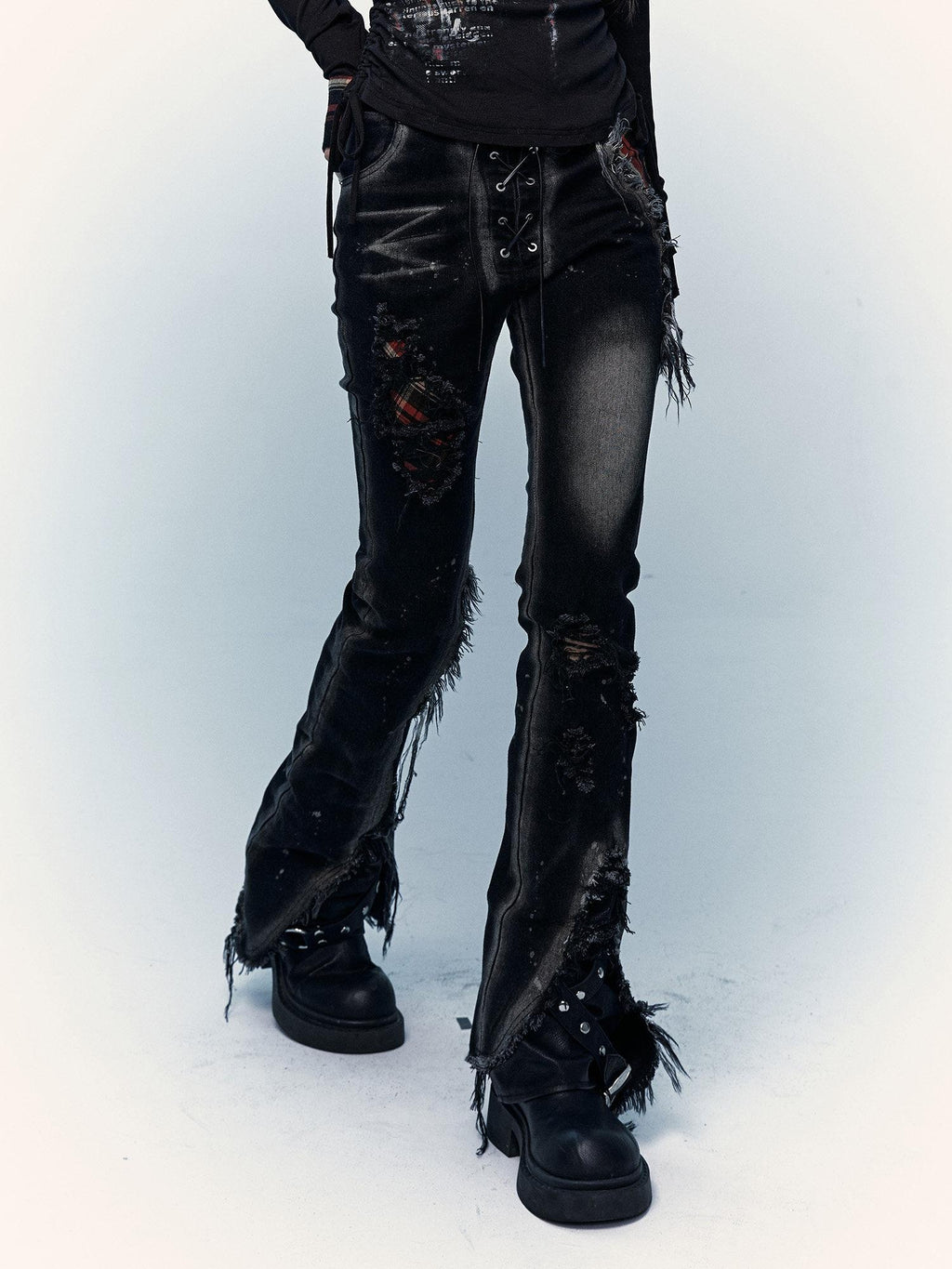 NO ROMANCE Distressed Low Rise Slim Fit Casual Youth Black Plaid Micro Stretch Flare Jeans