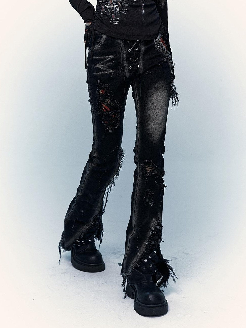 NO ROMANCE Distressed Low Rise Slim Fit Casual Youth Black Plaid Micro Stretch Flare Jeans