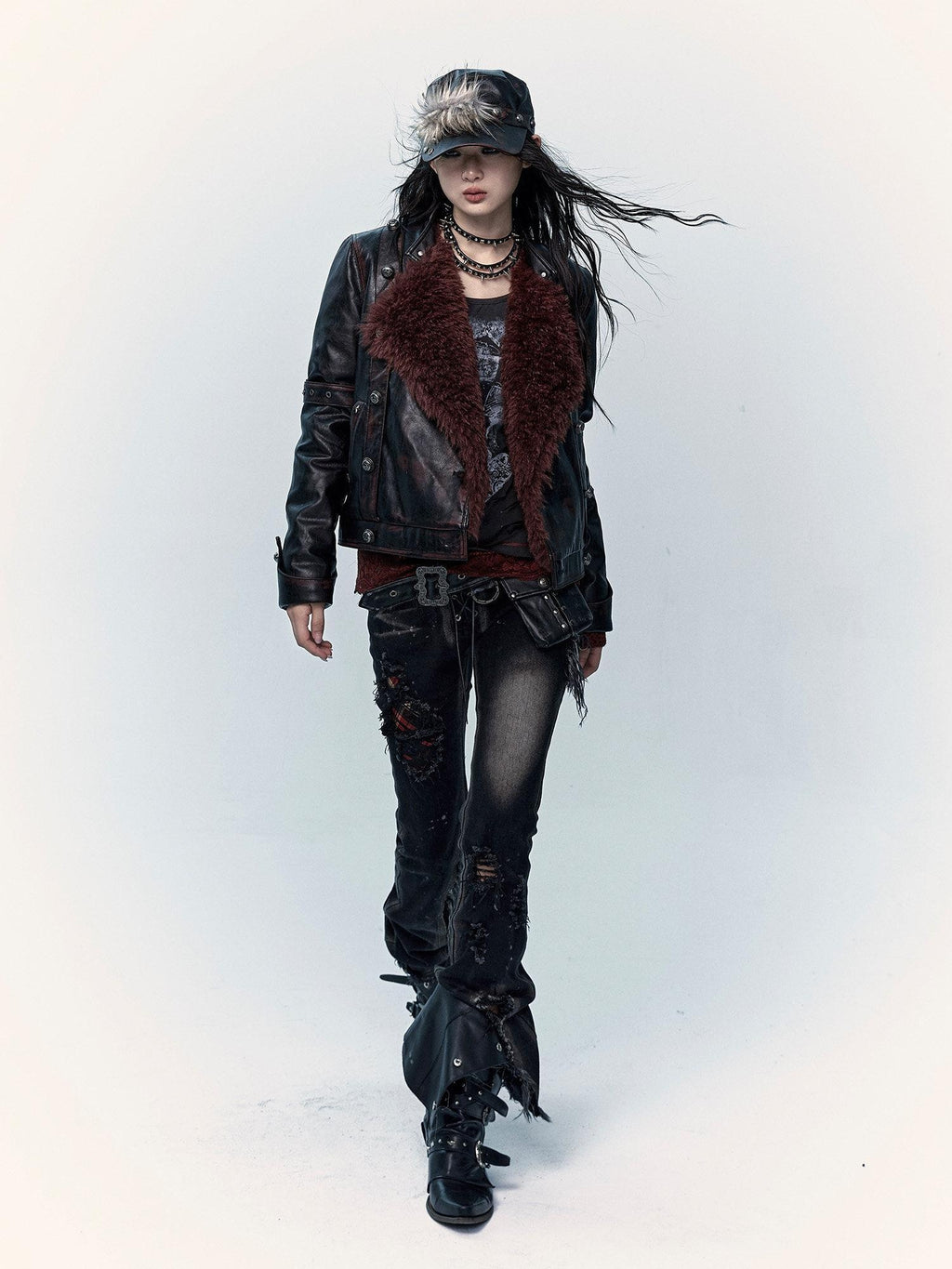 NO ROMANCE Distressed Low Rise Slim Fit Casual Youth Black Plaid Micro Stretch Flare Jeans