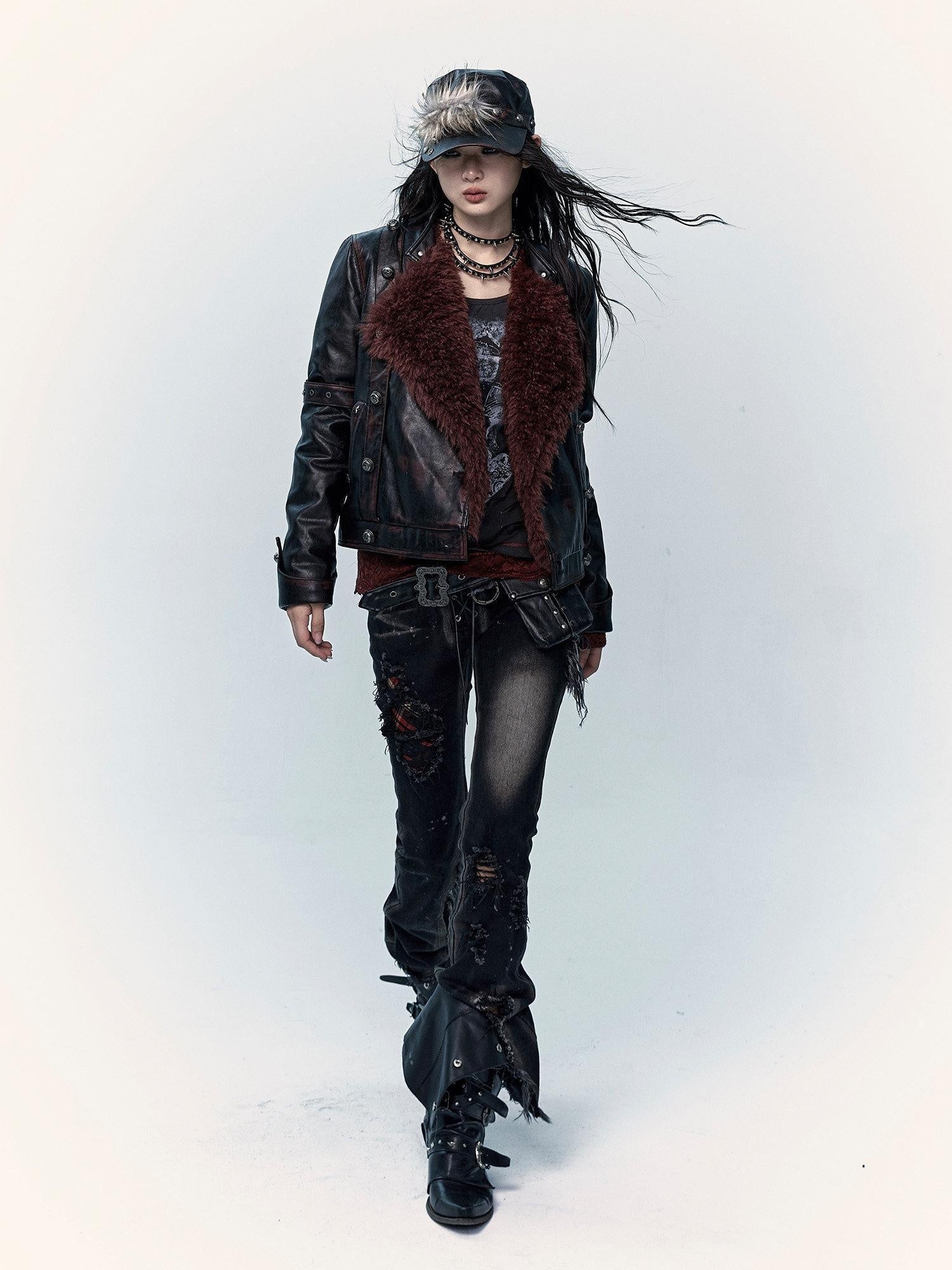 NO ROMANCE Distressed Low Rise Slim Fit Casual Youth Black Plaid Micro Stretch Flare Jeans