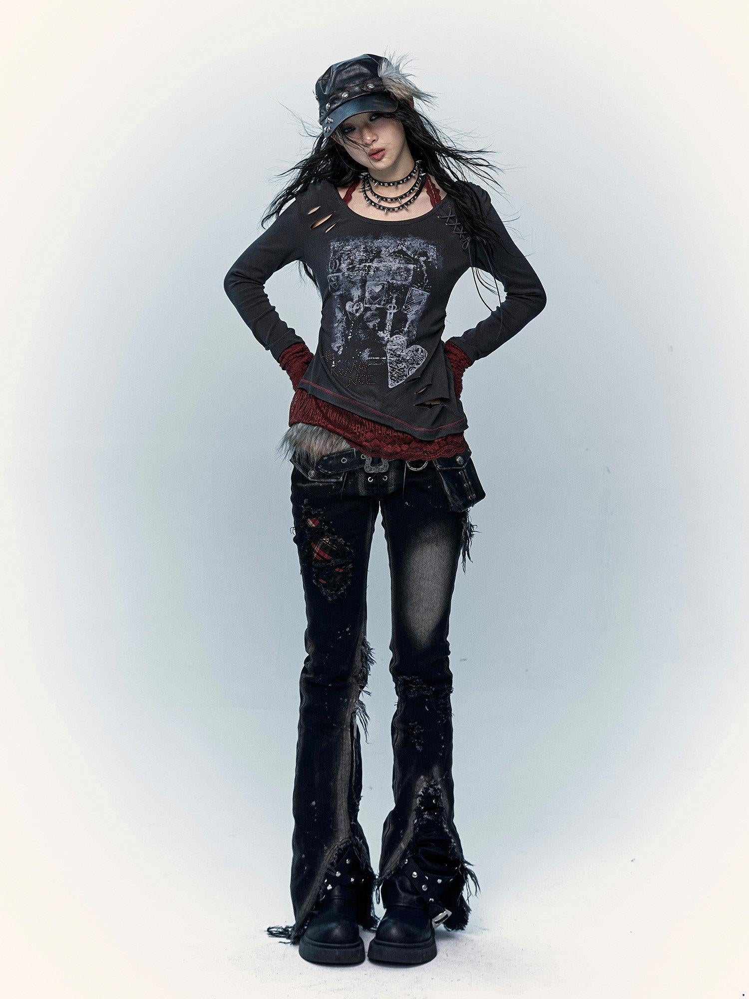 NO ROMANCE Distressed Low Rise Slim Fit Casual Youth Black Plaid Micro Stretch Flare Jeans