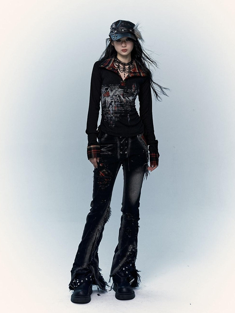 NO ROMANCE Distressed Low Rise Slim Fit Casual Youth Black Plaid Micro Stretch Flare Jeans