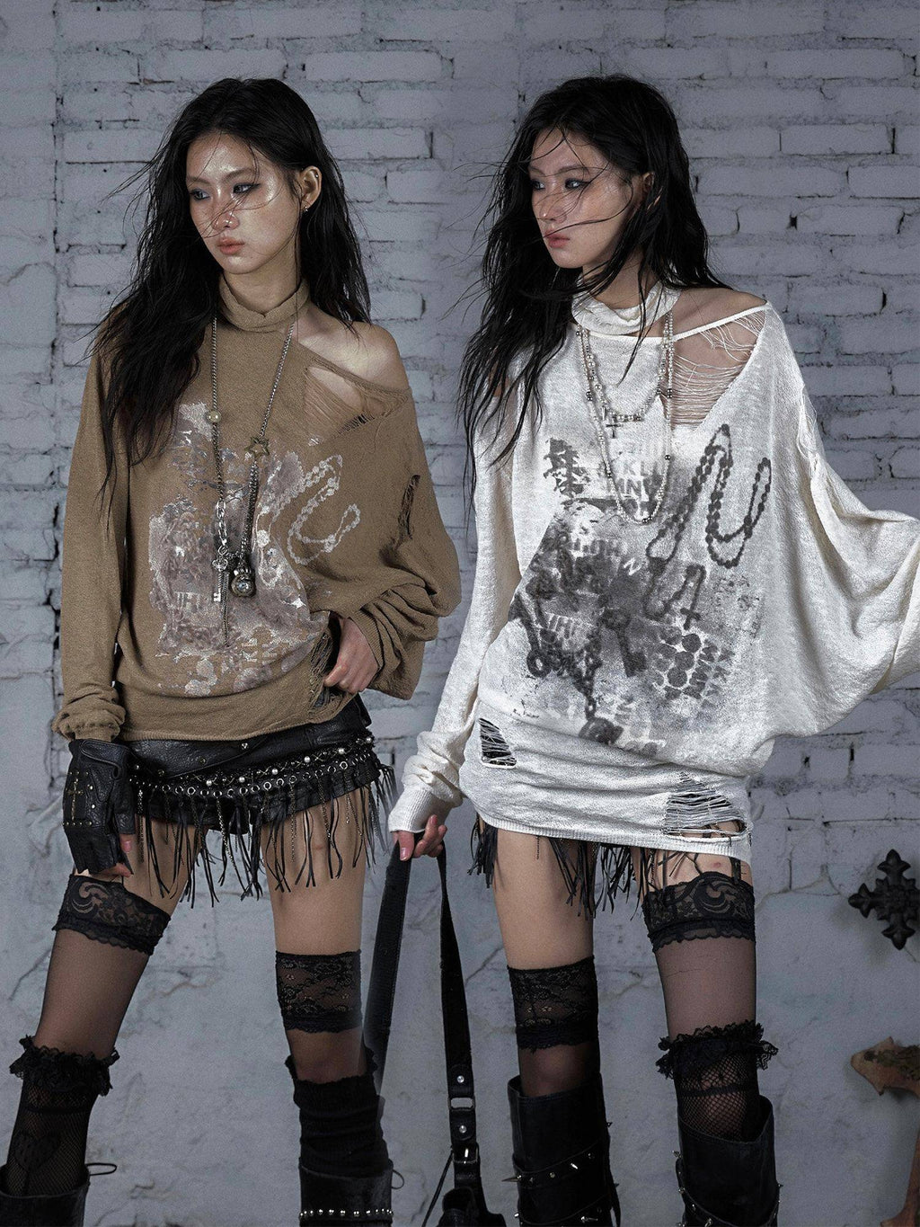 NO ROMANCE Distressed Street Punk Oversized Asymmetric Neck Women Long Sleeve T-Shirts