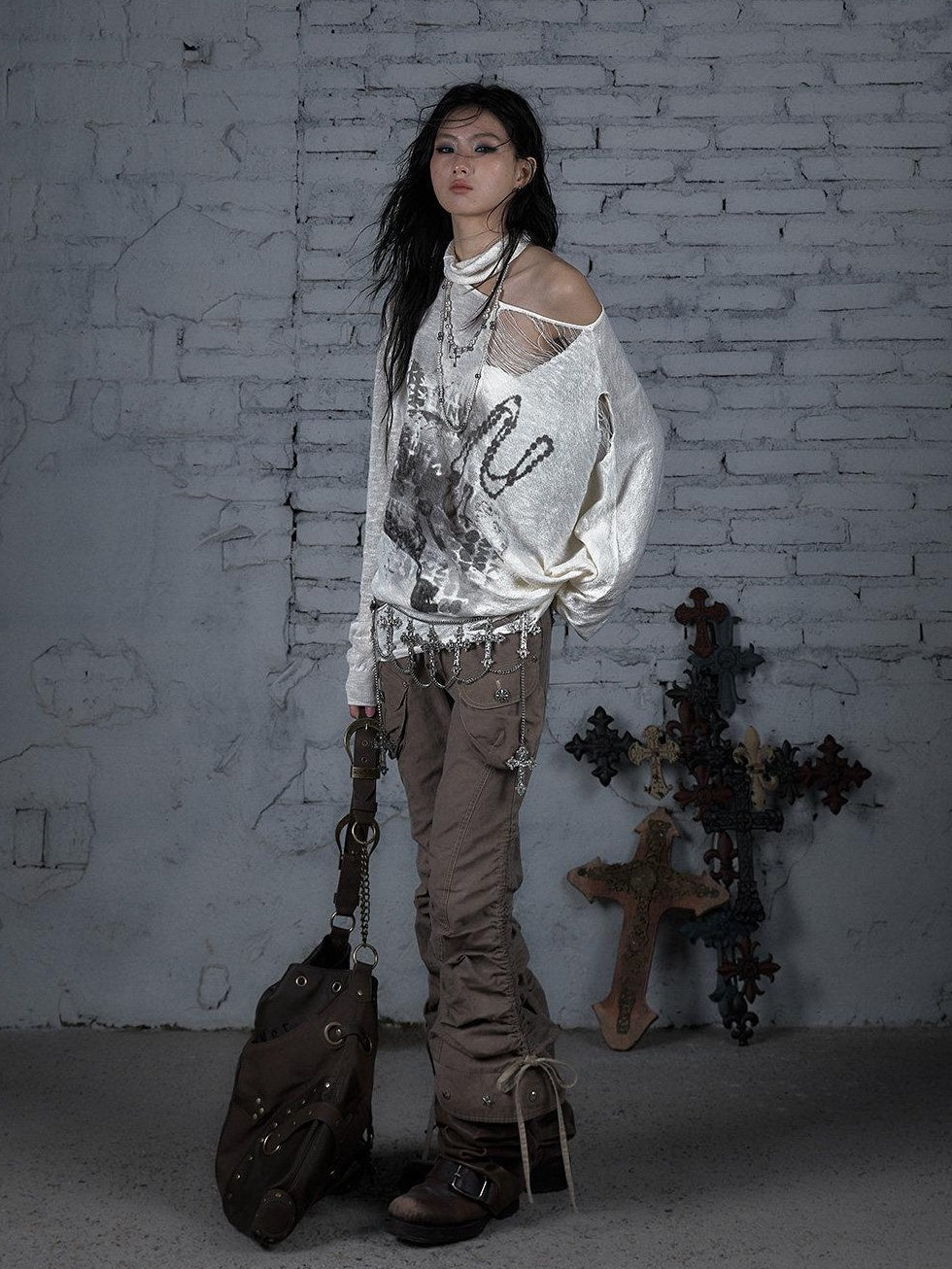 NO ROMANCE Distressed Street Punk Oversized Asymmetric Neck Women Long Sleeve T-Shirts