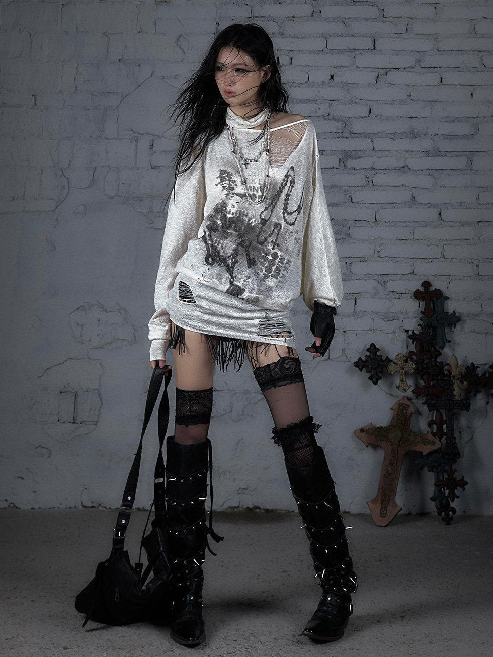 NO ROMANCE Distressed Street Punk Oversized Asymmetric Neck Women Long Sleeve T-Shirts