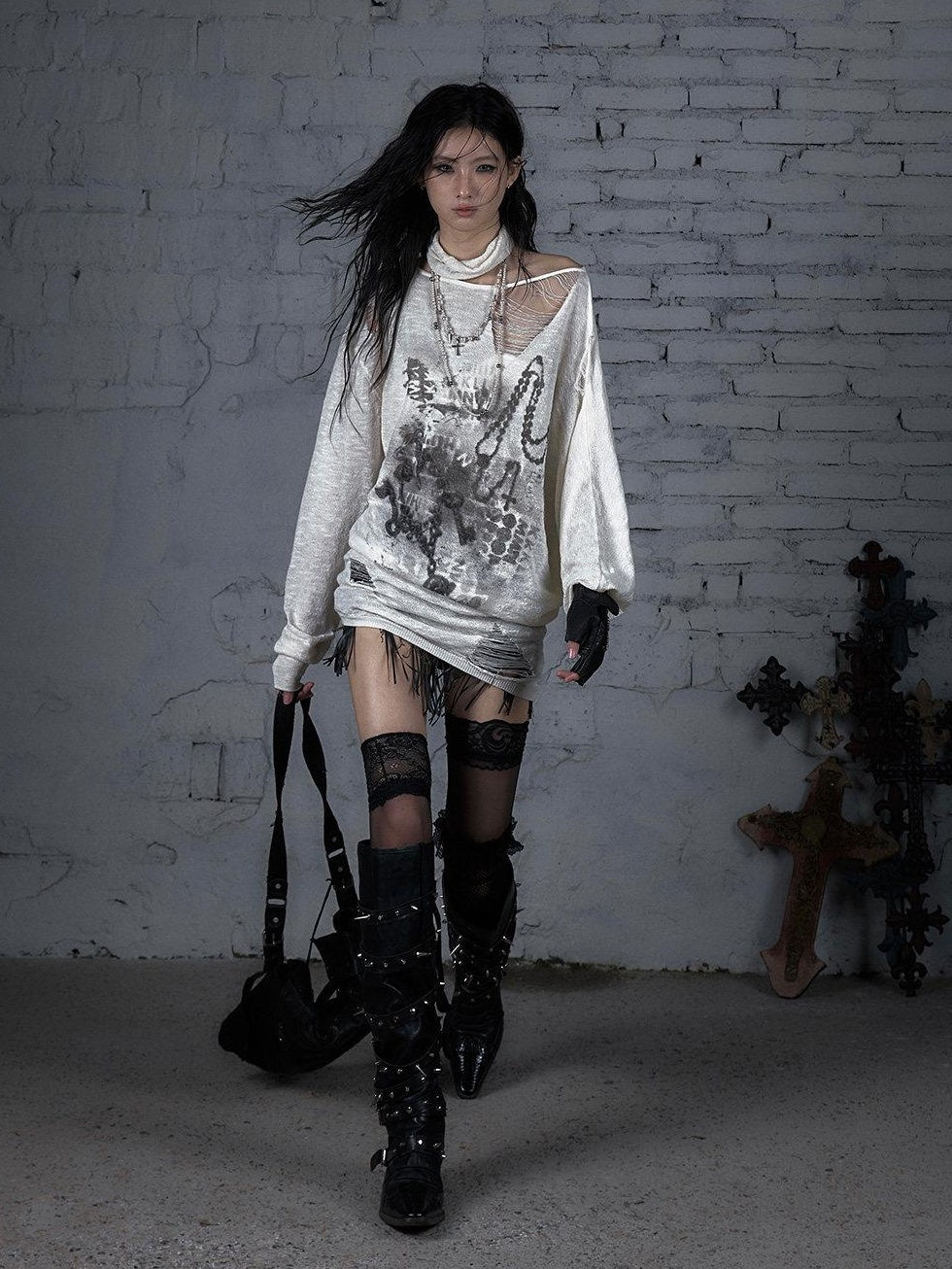 NO ROMANCE Distressed Street Punk Oversized Asymmetric Neck Women Long Sleeve T-Shirts