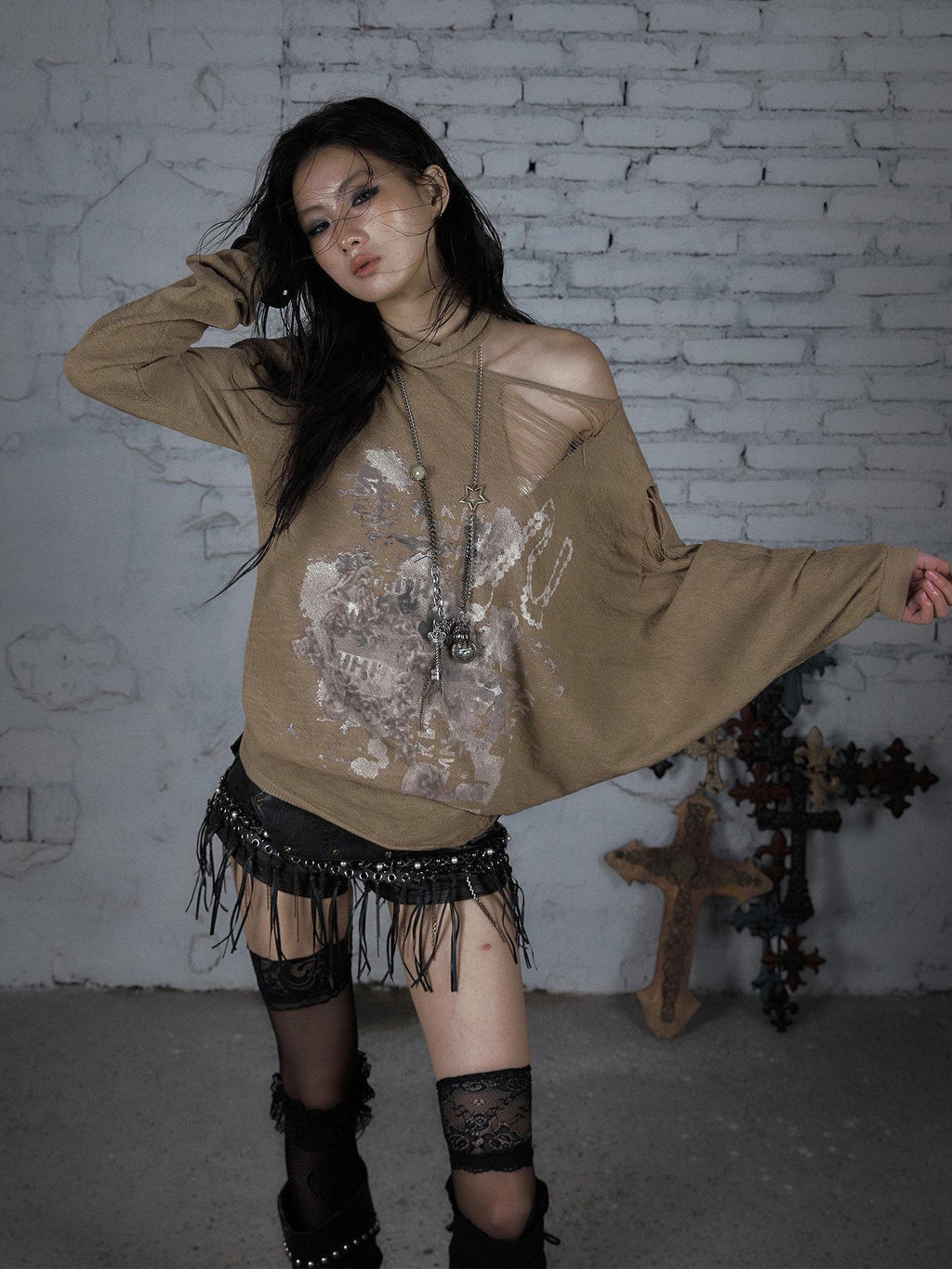 NO ROMANCE Distressed Street Punk Oversized Asymmetric Neck Women Long Sleeve T-Shirts