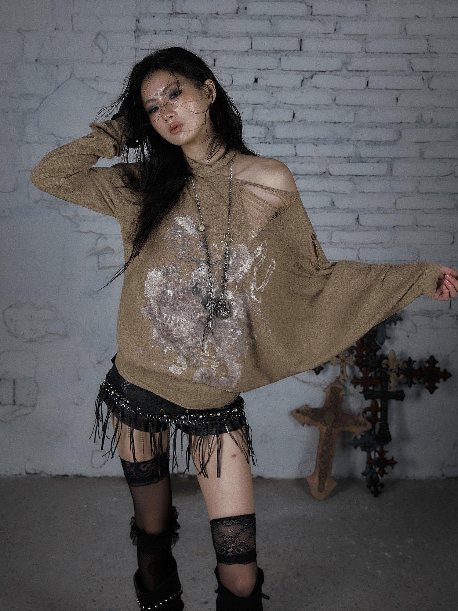 NO ROMANCE Distressed Street Punk Oversized Asymmetric Neck Women Long Sleeve T-Shirts