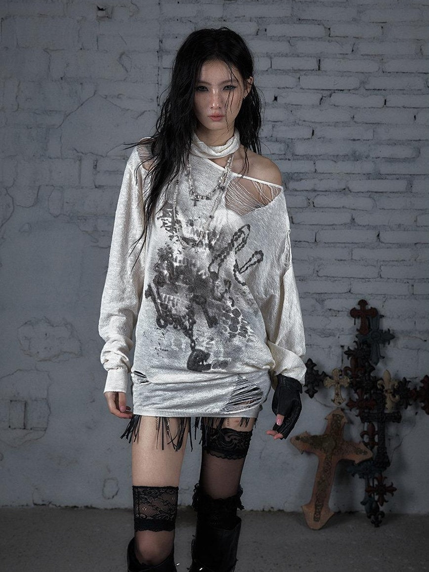 NO ROMANCE Distressed Street Punk Oversized Asymmetric Neck Women Long Sleeve T-Shirts