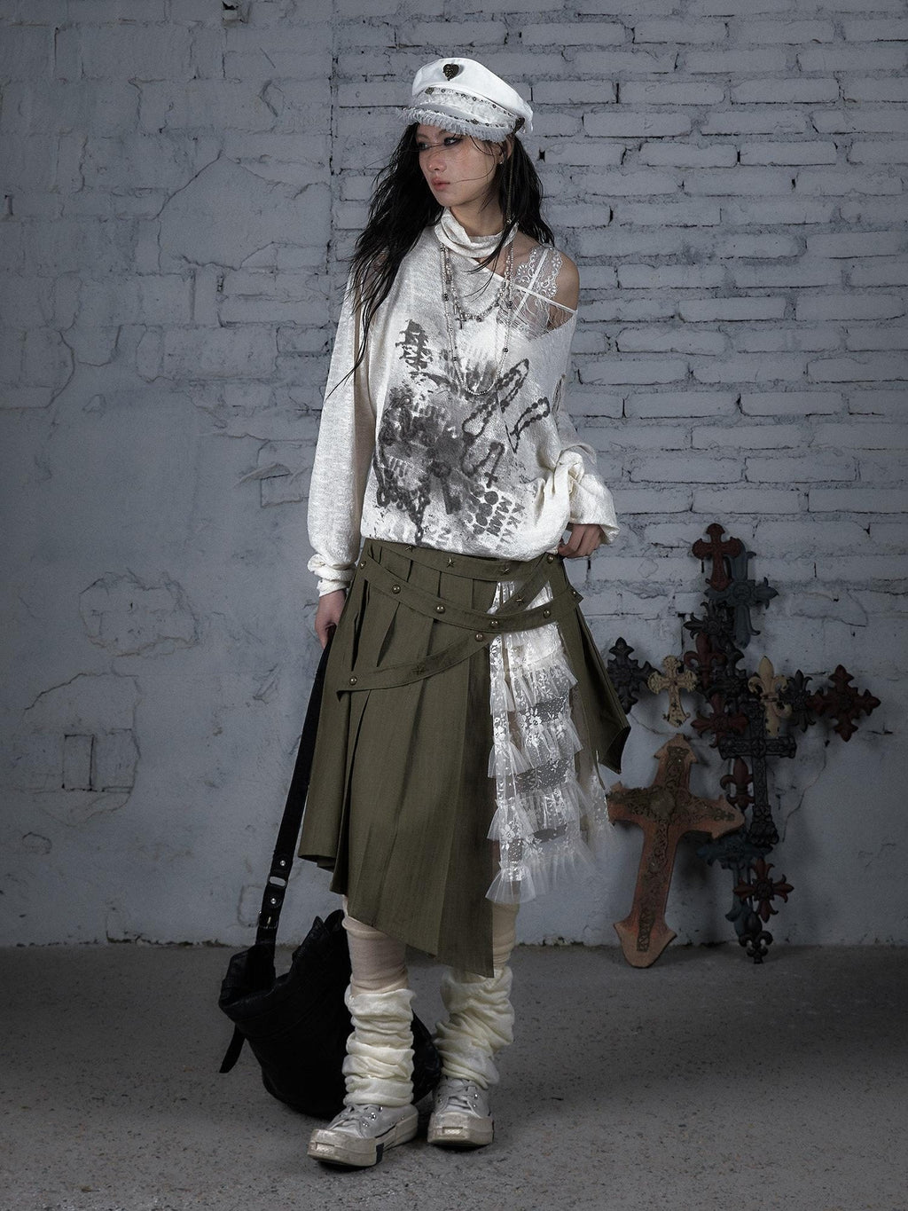 NO ROMANCE Distressed Street Punk Oversized Asymmetric Neck Women Long Sleeve T-Shirts