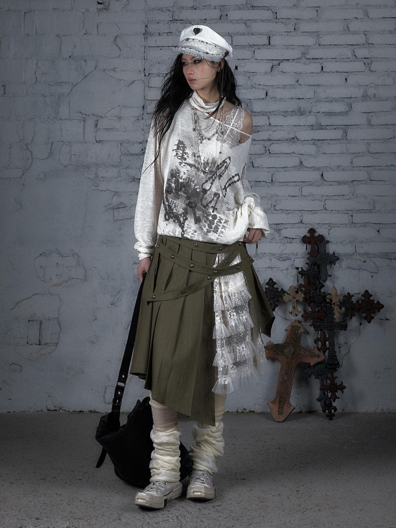 NO ROMANCE Distressed Street Punk Oversized Asymmetric Neck Women Long Sleeve T-Shirts